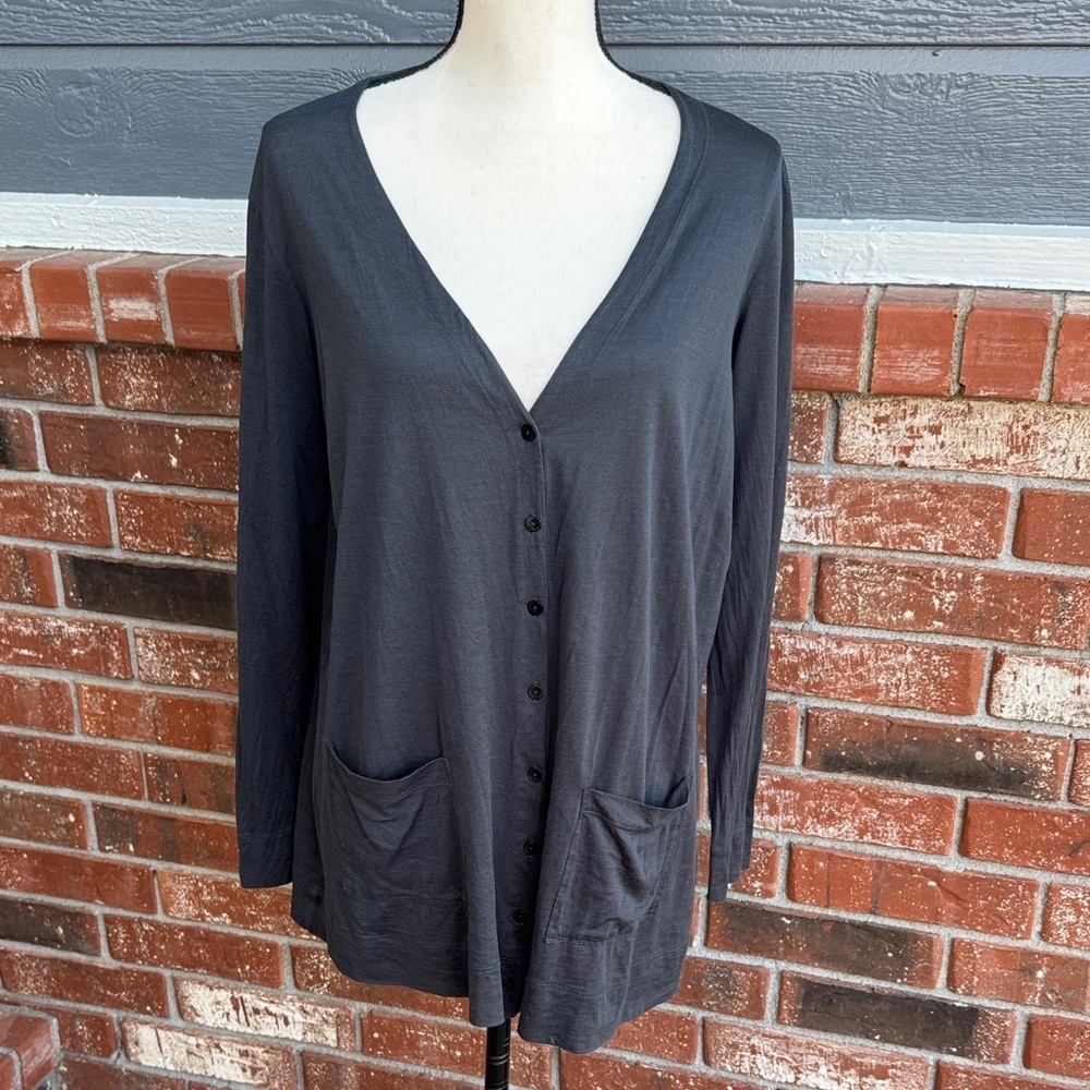 Eileen Fisher Gray Silk Cotton Blend V-Neck Cardigan Sweater Size L Pockets
